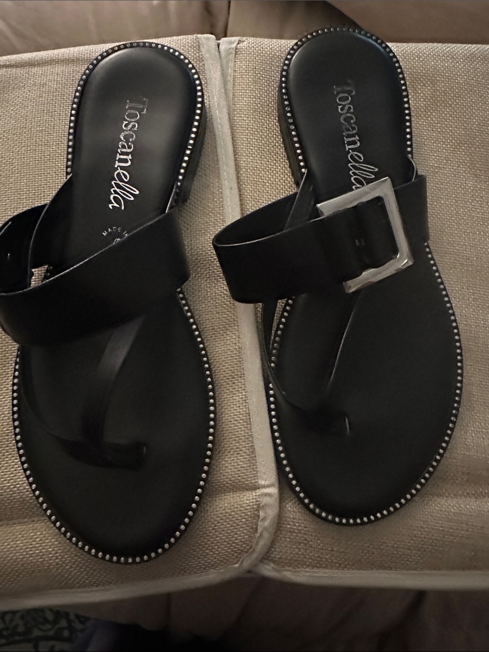 Toscanella Black Stud-Trim Buckle Toe-Post Sandals